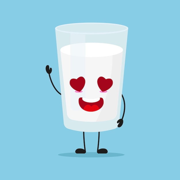 El personaje del vaso de leche feliz y lindo se enamora del emoticon de dibujos animados de leche en un emoji lácteo de estilo plano