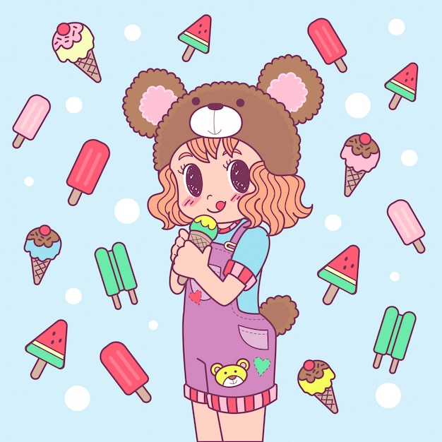 Personaje de vector chica linda con fondo de helado