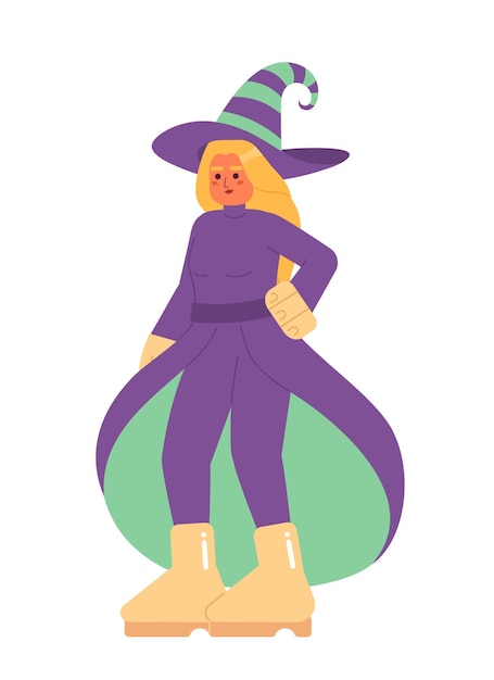 Personaje de vector de color semiplano de bruja malvada de Halloween Disfraz de halloween de mujer Cuento de hadas espeluznante Persona de cuerpo completo editable en blanco Ilustración de punto de caricatura simple para diseño gráfico web