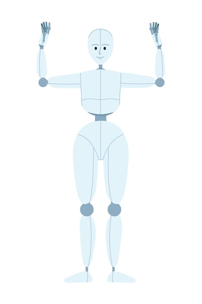 Personaje de vector de color semiplano de rendimiento de robot humanoide