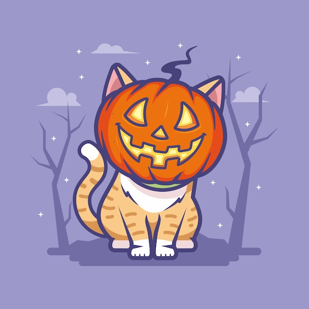 Personaje de vector de gatito cabeza de calabaza de Halloween