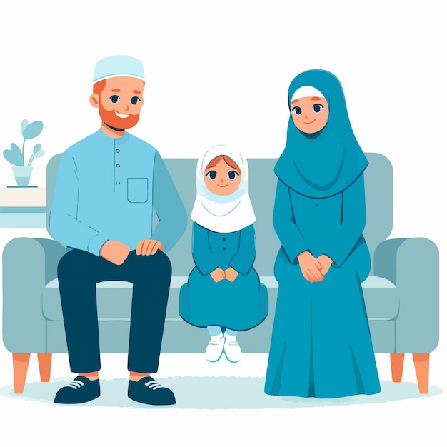 personaje vectorial de una chica musulmana sentada en el sofá con su madre estilo de diseño plano minimalista