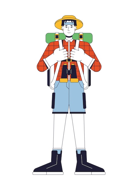 Personaje vectorial de color de línea plana turístico asiático Hombre emocionado Equipo de acampada Listo para el viaje Contorno editable cuerpo completo persona en blanco Ilustración simple de spot de dibujos animados para diseño gráfico web