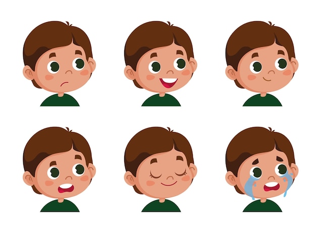 Personaje vectorial divertido ilustración de caras lindas colegial mostrando diferentes emociones avatar