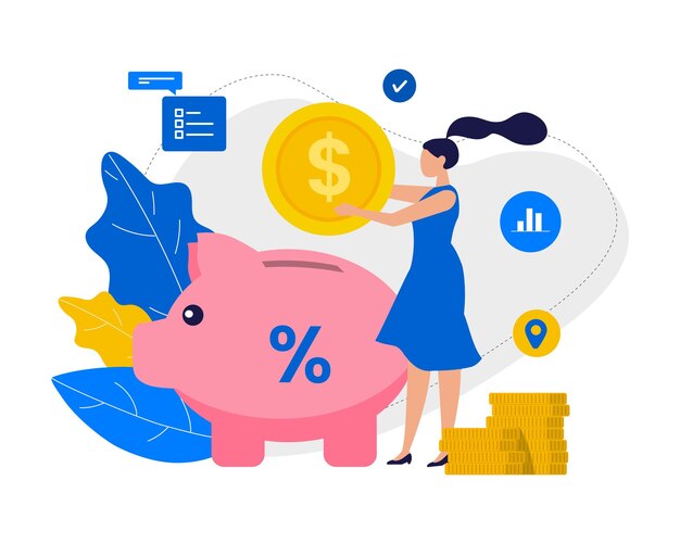 El personaje vectorial femenino pone dinero en depósito la acumulación de ahorros en la cuenta personal caja de ahorros gigante la mujer recoge monedas servicios bancarios y transacciones digitales