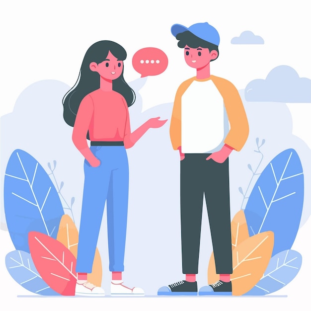 Vector el personaje vectorial de un hombre y una mujer están hablando de un estilo de diseño plano simple y minimalista.