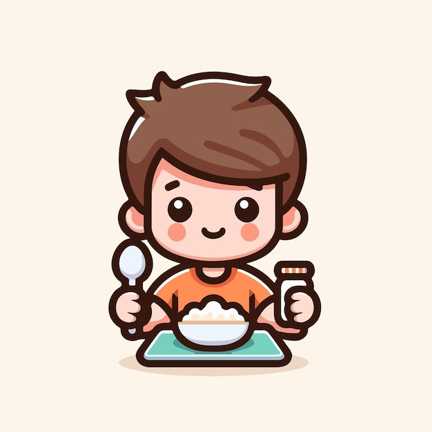 Personaje vectorial lindo comiendo con un estilo de diseño plano simple y minimalista