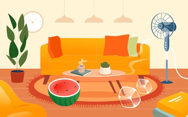 Personaje de verano sentado en casa soplando un ventilador y comiendo sandía con sala de estar y plantas.