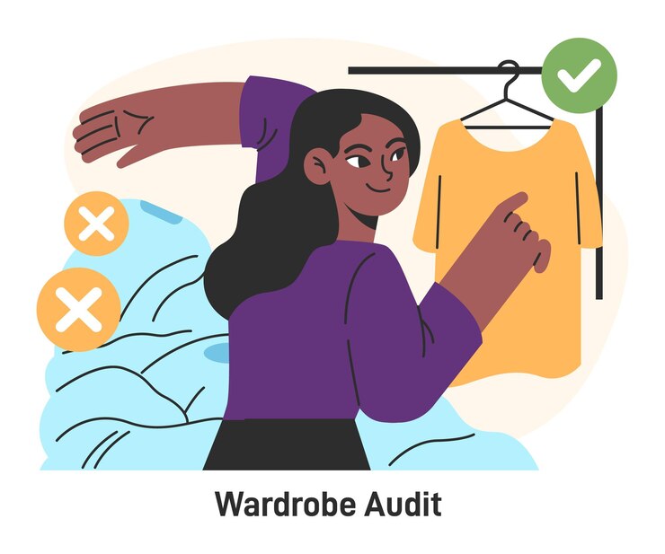 Vector personaje de vestuario de cápsula haciendo una auditoría de ropa tirando ropa desarrollando un atuendo básico