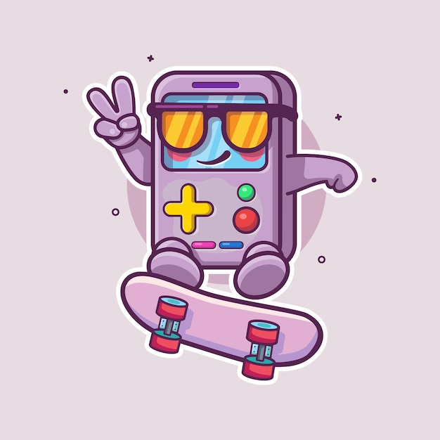 personaje de videojuego portátil mascota jugando a skateboard dibujos animados aislados