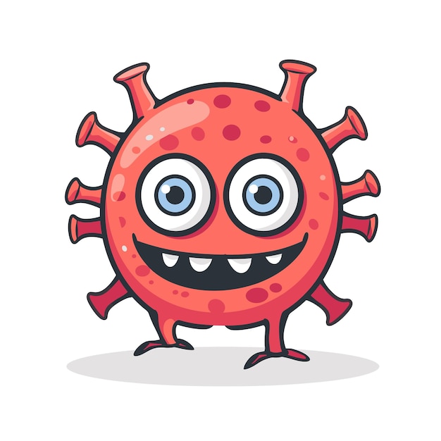 Personaje de virus de dibujos animados de color rojo expresión feliz aislado fondo blanco virus lindo