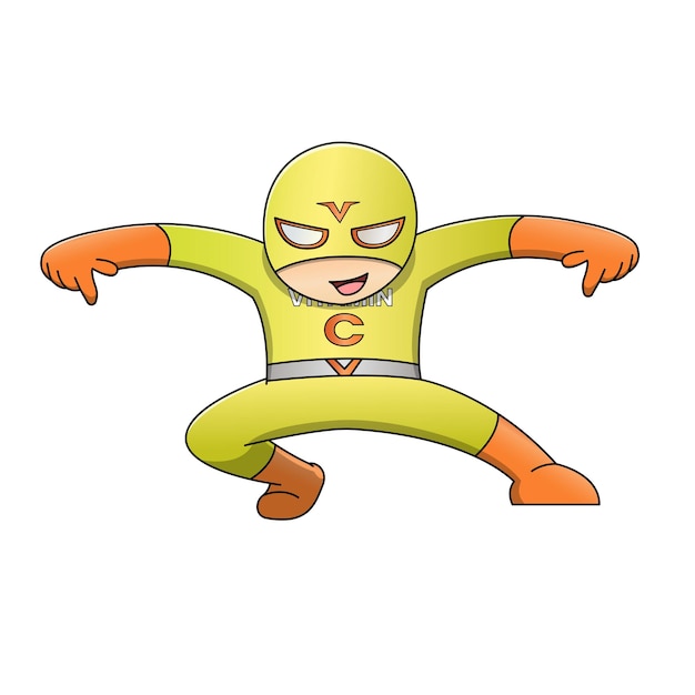 personaje de vitamina c con un disfraz de superhéroe con varias poses