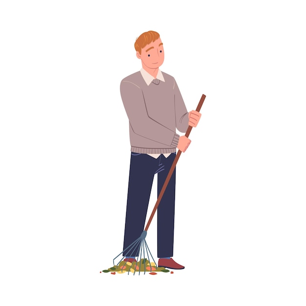 Personaje voluntario con ilustración vectorial de la calle de limpieza de rastrillos