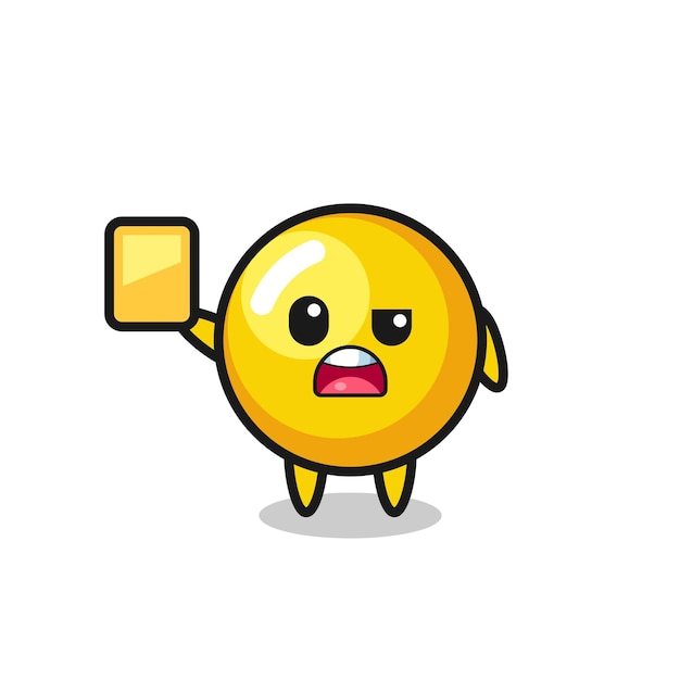 Personaje de yema de huevo de dibujos animados como árbitro de fútbol dando una tarjeta amarilla