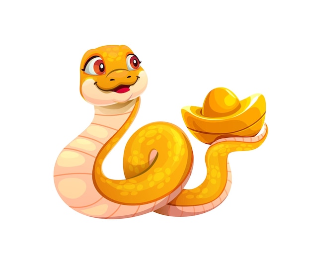 El personaje del zodiaco de la serpiente de dibujos animados sostiene un lingot de oro
