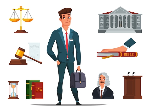 Personajes de abogado de hombre con traje y conjunto de accesorios de árbitro Código de ley Biblia juramento reloj de arena tribunal tribuna mazo judicial básculas doradas