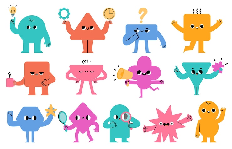 Vector personajes abstractos. emociones de criatura cómica geométrica. avatar de equipo de negocios de cara divertida con lupa, bombilla y megafon, conjunto de vectores. diferentes formas para el aprendizaje y la enseñanza de las matemáticas.