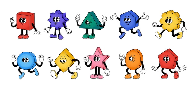 Vector personajes abstractos retro dibujos animados formas geométricas divertidas con manos y piernas figuras de geometría cómica caminando saltando cuadrado de estrellas y triángulo conjunto vectorial objetos educativos