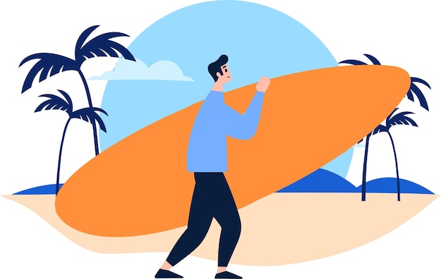 Personajes adolescentes turísticos dibujados a mano están jugando tablas de surf en el mar en estilo plano aislado en el fondo