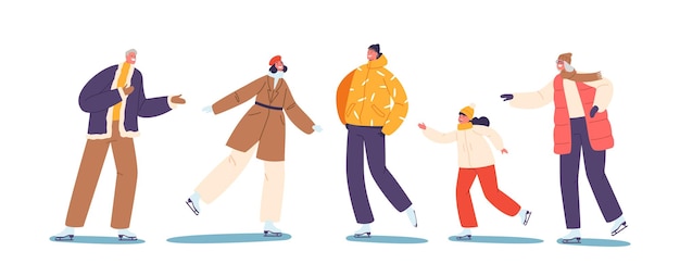 Personajes aislados se mueven con gracia patinando sobre hielo con alegría y habilidad la risa llena el aire mientras los patinadores giran, se deslizan y disfrutan juntos del deporte de invierno personas de dibujos animados ilustración vectorial