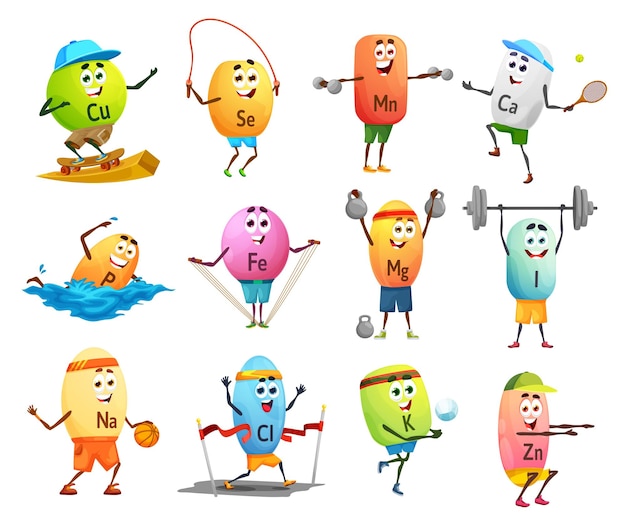 Vector personajes alegres de deportista mineral de dibujos animados