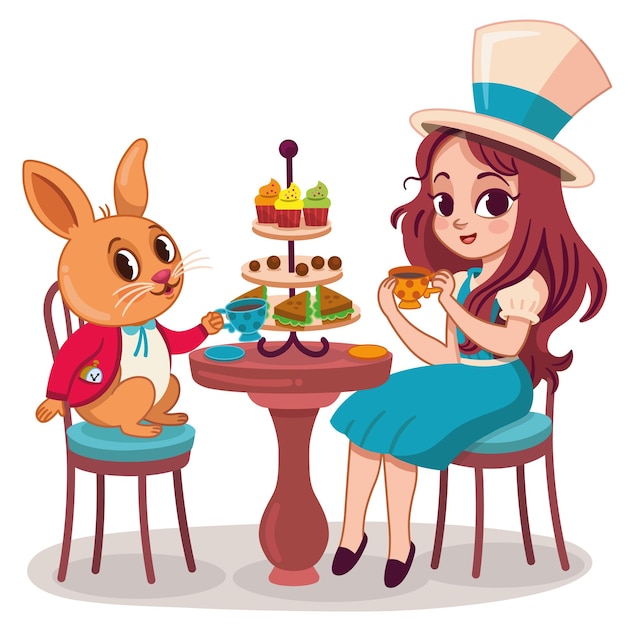 Vector los personajes de alicia y el conejo se divierten en una fiesta de té ilustración de alicia en el país de las maravillas