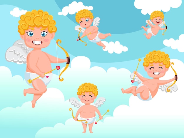 Personajes de ángeles cupidos volando con fondo de nubes de arco y flecha. feliz día de san valentín. elemento decorativo de ilustración vectorial en san valentín