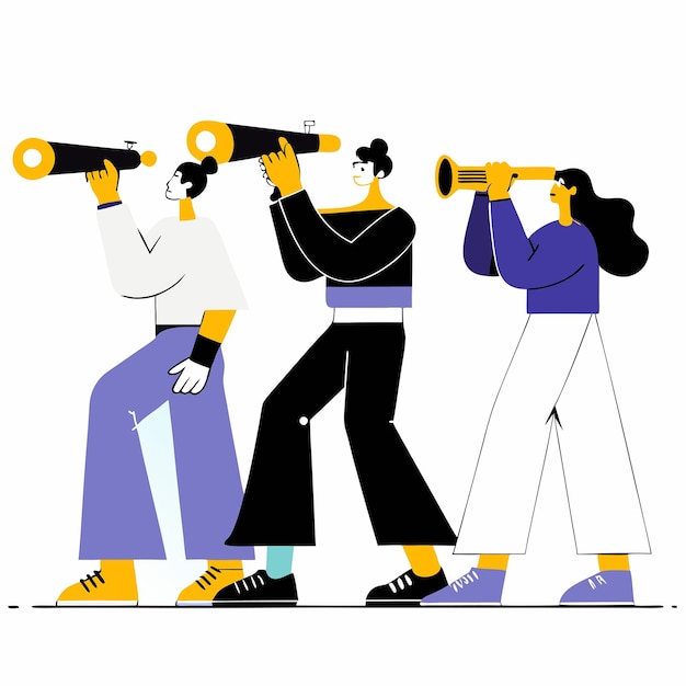Personajes animados con ropa casual mirando a través de un telescopio