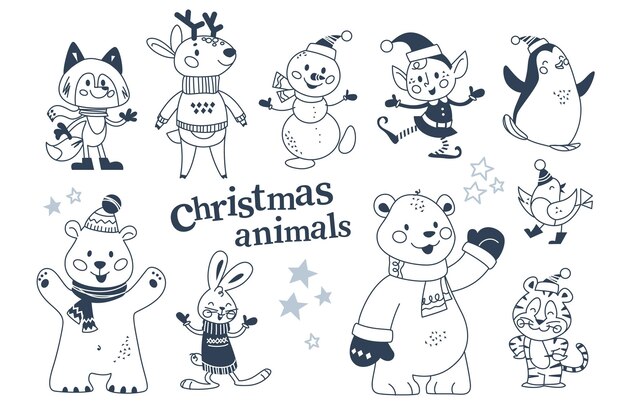 Personajes de animales de feliz Navidad en ropa de invierno y muñeco de nieve, colección de elfos aislados. Oso polar, pingüino, conejo, reno. Vector ilustración plana. Para tarjeta, pancarta, impresión, patrón, invitación.