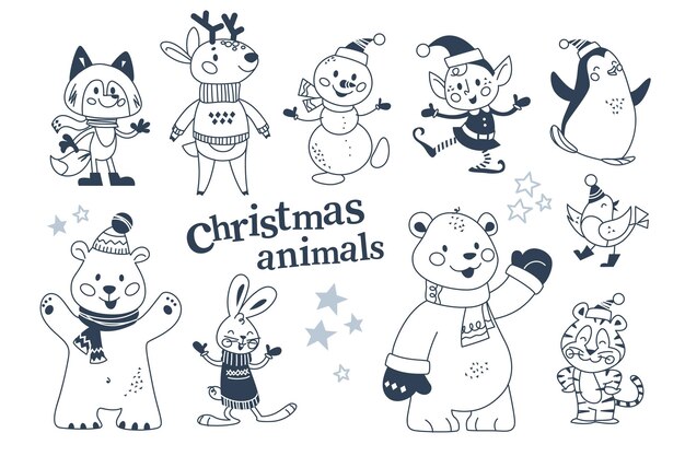 Personajes de animales de feliz navidad en ropa de invierno y muñeco de nieve, colección de elfos aislados. oso polar, pingüino, conejo, reno. vector ilustración plana. para tarjeta, pancarta, impresión, patrón, invitación.