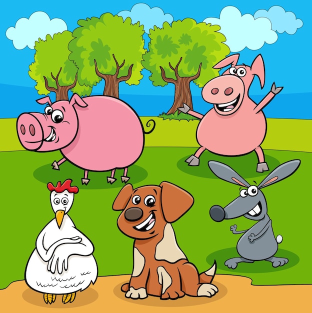 Vector personajes de animales de granja de dibujos animados en el prado