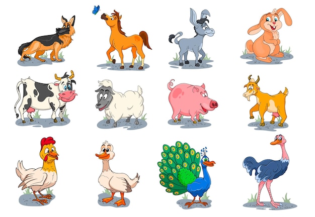 Vector personajes de animales de granja gran conjunto de animales rurales de dibujos animados. caballo, cerdo, pato, pollo, liebre, avestruz, vaca, cabra, pavo real, burro, oveja, perro. ilustración infantil. para decoración y diseño.