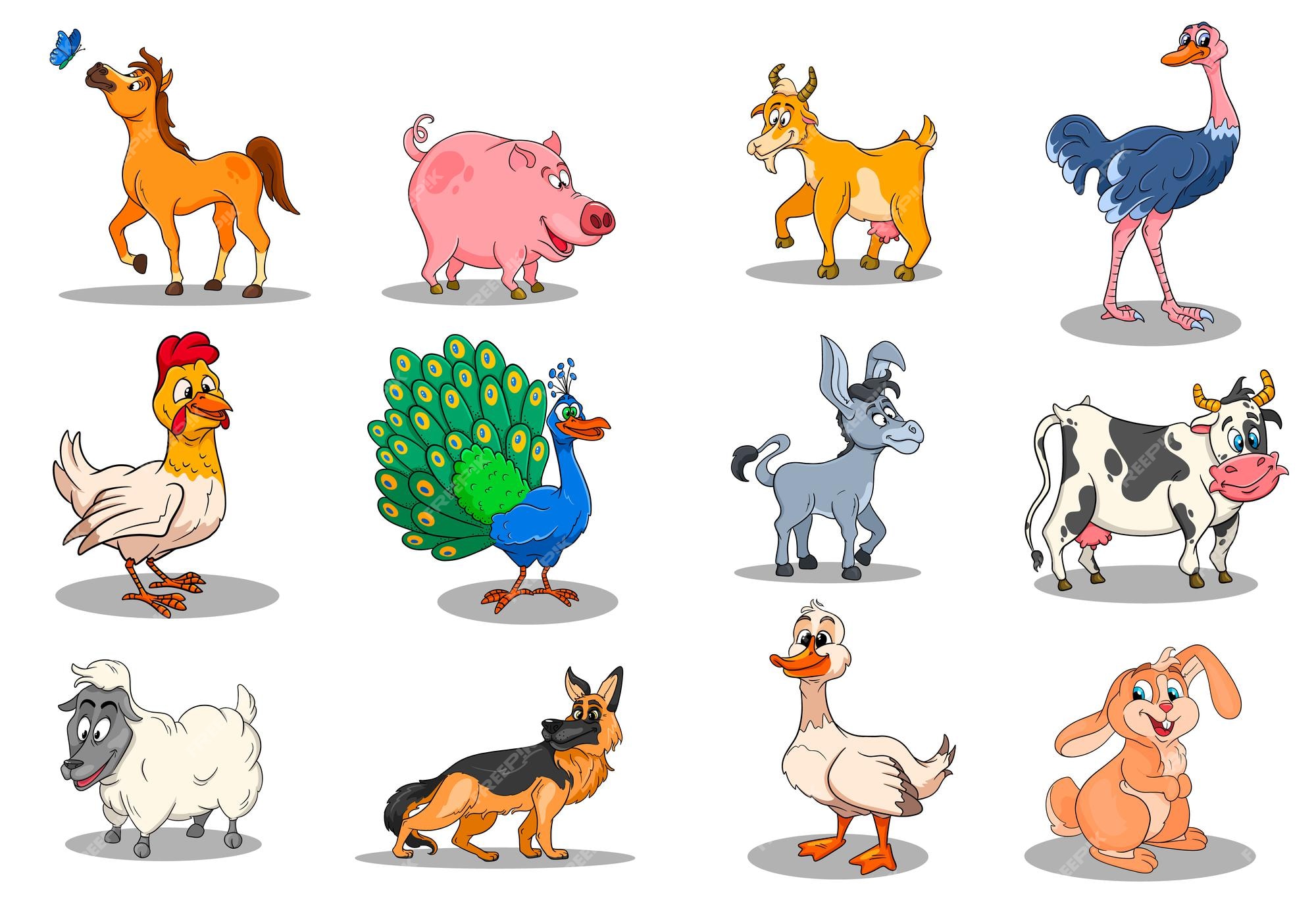 Personajes de animales de granja gran conjunto de animales rurales de  dibujos animados. caballo, cerdo, pato, pollo, liebre, avestruz, vaca,  cabra, pavo real, burro, oveja, perro. ilustración infantil. para  decoración y diseño. |