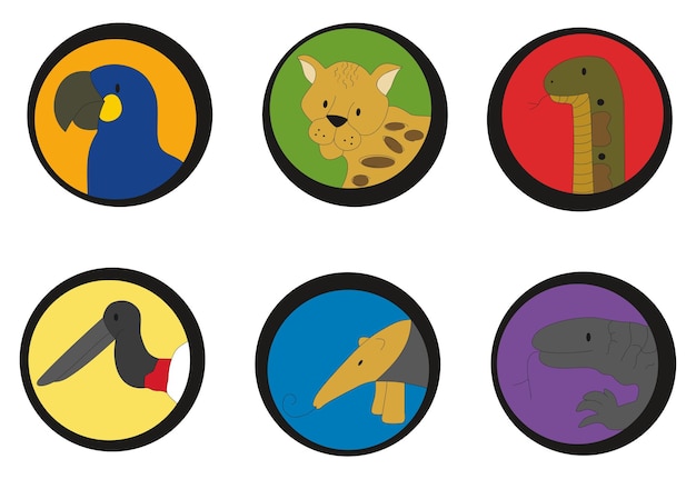 Los personajes animales del zoológico de la selva brasileña se enfrentan a círculos de colores ilustración vectorial