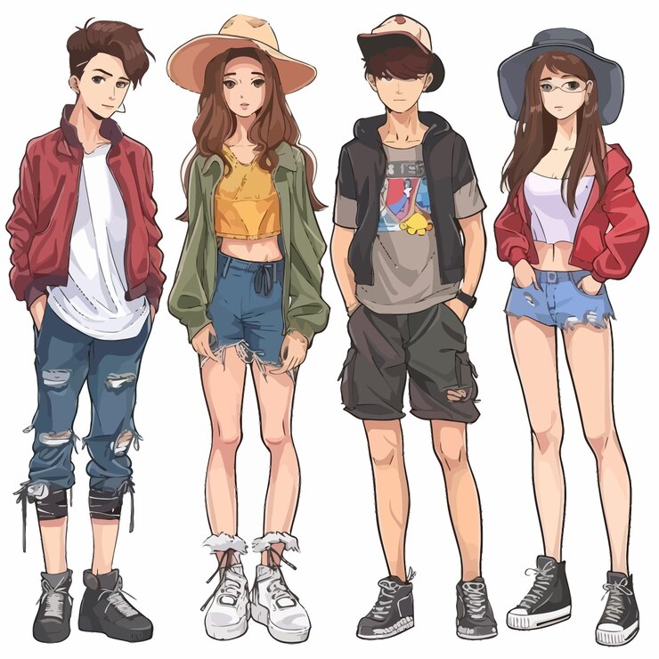 Vector personajes de anime estudiantes de secundaria