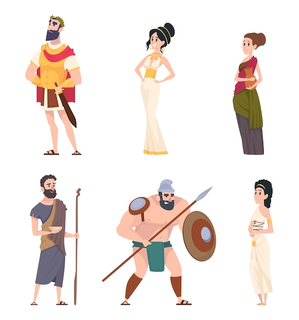 Vector personajes de la antigua roma. guerreros de gladiadores del coliseo con armas ciudadanos hombres personas culturales tradicionales personas vectoriales exactas. ilustración de historia antigua, gladiador romano y grecia