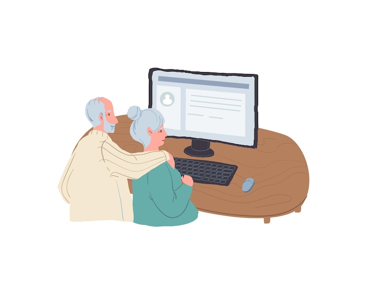Vector los personajes antiguos planos de dibujos animados vectoriales se sientan en la pantalla de la computadora, utilizan servicios de redes sociales de aplicaciones en línea: tecnologías interactivas, concepto de búsqueda y uso compartido de información en línea, diseño de anuncios de banner de sitios web