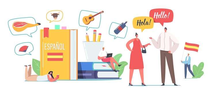 Vector personajes aprendiendo el curso de lengua española. gente diminuta en enormes libros de texto y bandera, profesores y estudiantes conversando, saludos, seminario web y educación en línea, lección de español. ilustración vectorial de dibujos animados