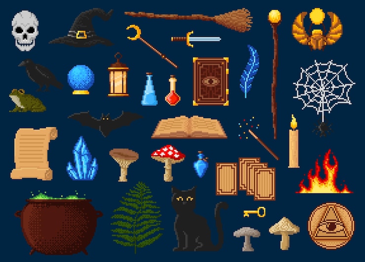 Vector personajes de arte de píxeles de 8 bits de brujería o halloween