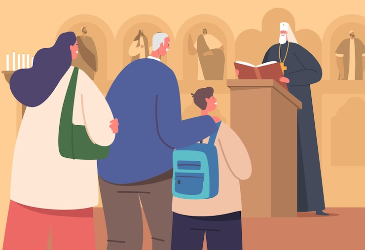 Vector los personajes asisten al culto sacramental en la iglesia ortodoxa con el servicio de conducta de abbe tradiciones litúrgicas y oraciones que ofrecen conexión espiritual con la ilustración vectorial de personas de dibujos animados divinos