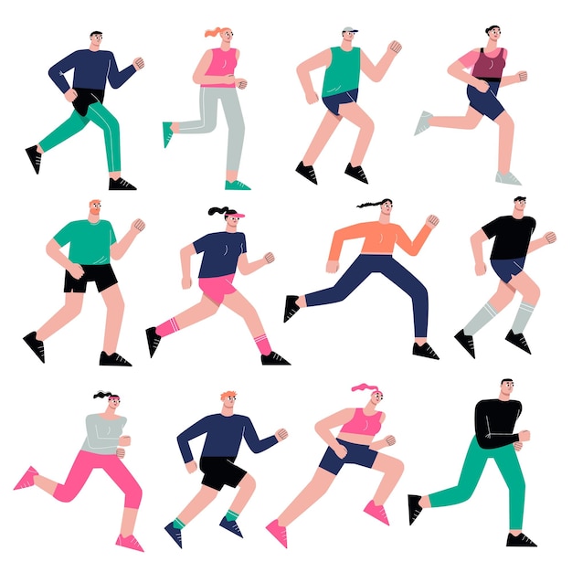 Personajes de atletas de carrera plana Personas aisladas ejecutan un estilo de vida activo Entrenamiento corredores de sprint acciones al aire libre Deporte de verano corredores vectoriales sapid Ilustración de una mujer corredora activa