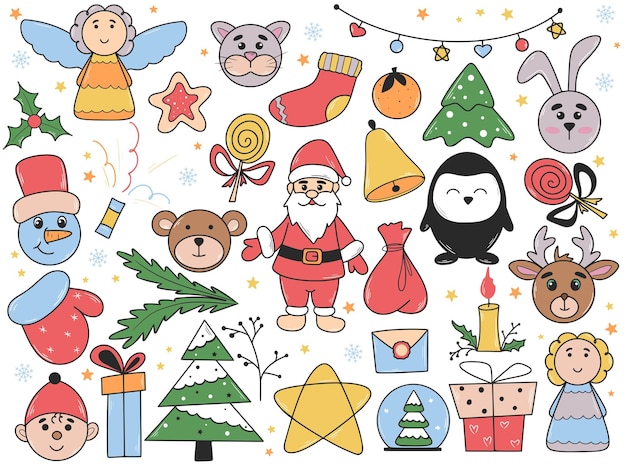 Personajes y atributos de Navidad dibujados a mano. Arte de clip. Animales de colección. Papá Noel.