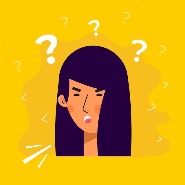Personajes de avatar de mujeres asiáticas con expresión de pregunta. Ilustración de vector plano de personas. retrato femenino. Icono de moda adorable niña.