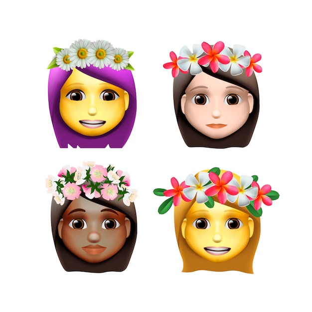 Personajes avatares de chicas con flor en la cabeza en estilo de dibujos animados, iconos emoji, animoji, concepto de verano, emoji con corona de flores en la cabeza, ilustración.
