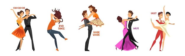 Personajes de baile realizando diferentes conjuntos de vectores de baile