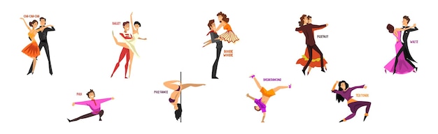 Personajes de baile realizando diferentes conjuntos de vectores de baile