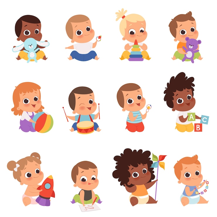 Vector personajes de bebé. niños recién nacidos jugando juguetes infancia feliz pequeños bebés. ilustración bebé niño recién nacido con peluche, jugando niño