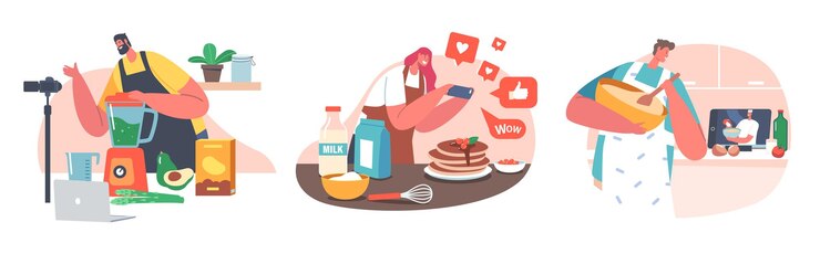 Vector los personajes de blogger de comida crean contenido hombre mujer cocinando y grabando video culinario para blog o canal cursos de chef de cocina en línea aislados en fondo blanco gente de dibujos animados ilustración vectorial