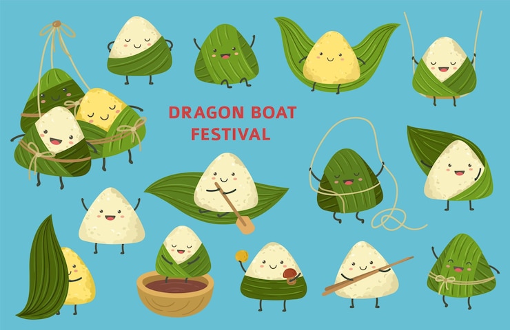 Vector personajes de bola de masa de arroz dragon boat festival comida asiática linda bola de masa hervida dibujos animados chinos zongzi y hojas pegatinas infantiles festivas conjunto de vectores exactos