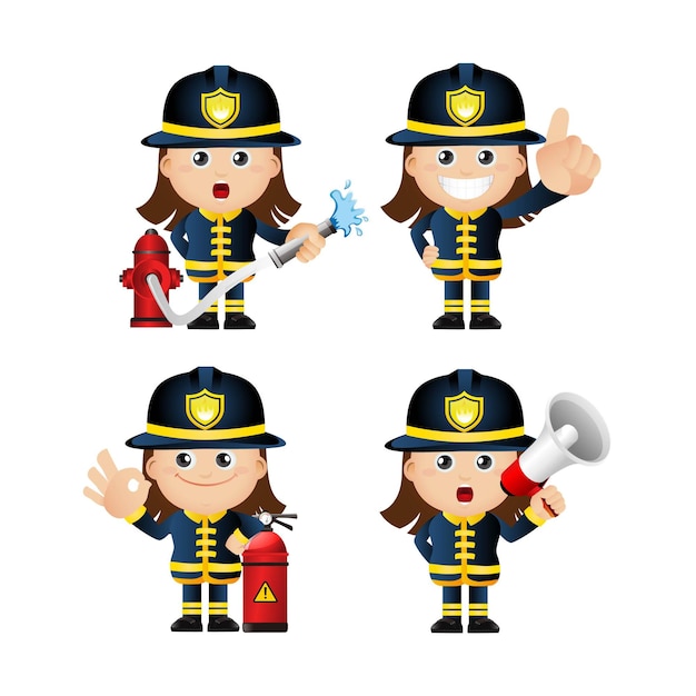 Personajes de bombero en diferentes poses.